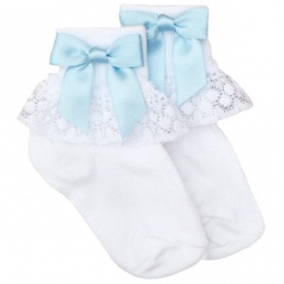 Girls White Lace Socks with Baby Blue Satin Bows